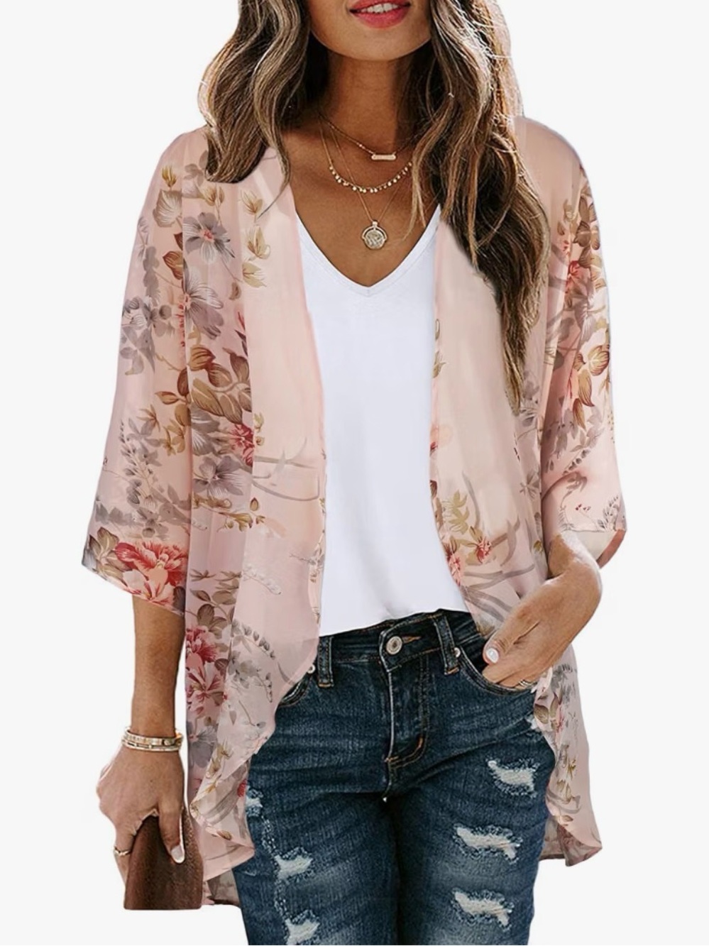 Sheer Floral Pink Swim Coverup Kimono